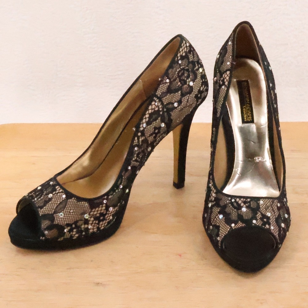 Benjamin Adams Lace Crystal Peep Toe Heels Womens Size 7.5 Wedding Guest Formal